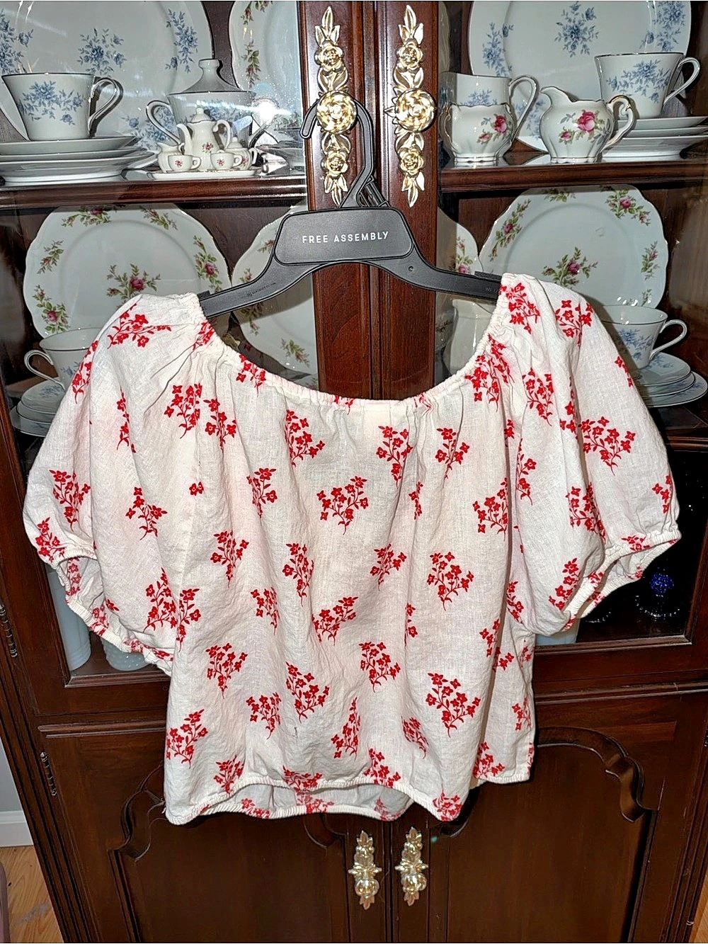 H&m Linen Blend Off-The-Shoulder Floral Blouse White & Red